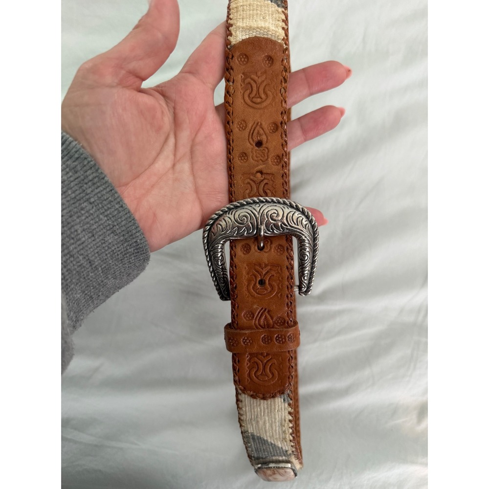 Mayan Designs Guatemala Belt Leather Woven Concho Stone Southwest Boho Western - Picture 4 of 8